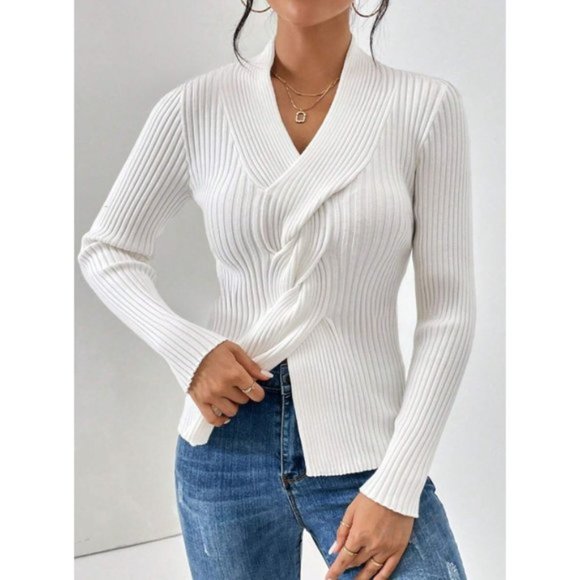 Twist Front Ribbed Knit Sweater White - Picture 3 of 6